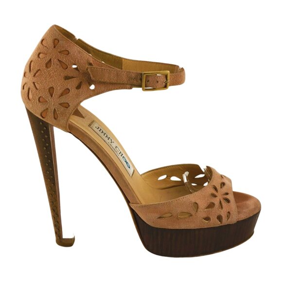 Jimmy Choo Laser Cut Blush Pink Suede Peeptoe Lucite & Wood Platform Heels Sz 7 - Picture 5 of 10